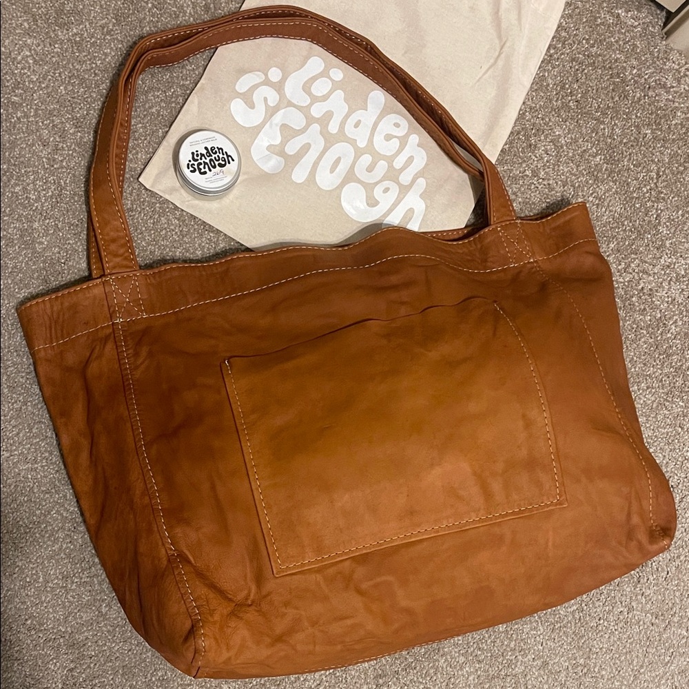 Linden Is Enough Soft Leather Maxi Tote in Cognac NEW